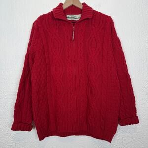 Aran Crafts Ireland Men's Wool Cable Knit Full Zip Sweater Red Size Large